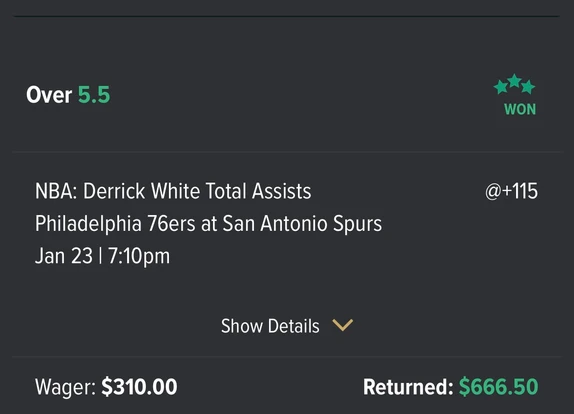 Derrick White Assists Winning Bet