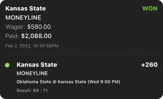 Kansas state Moneyline win